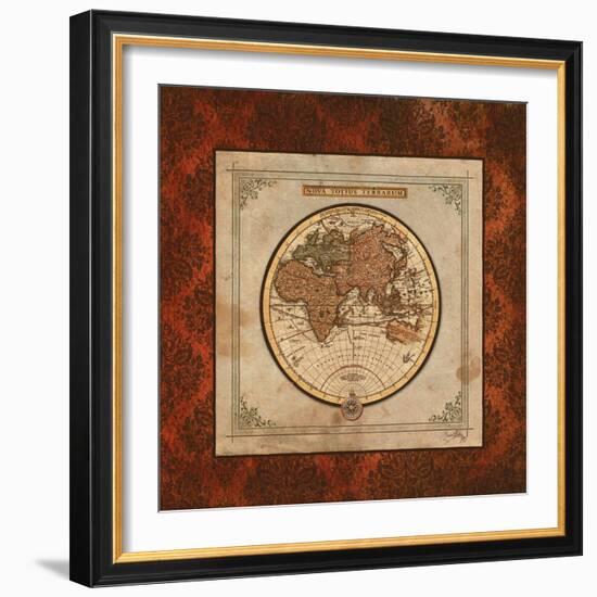 Red Damask Map II-Elizabeth Medley-Framed Premium Giclee Print