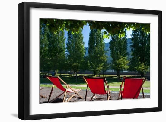 Red Deck Chairs on the Courtyard of the Jewish Museum, Berlin, Germany-Felipe Rodriguez-Framed Photographic Print