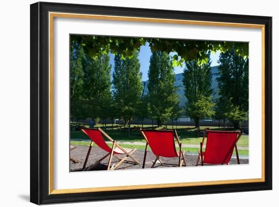 Red Deck Chairs on the Courtyard of the Jewish Museum, Berlin, Germany-Felipe Rodriguez-Framed Photographic Print