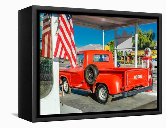 Red Dodge Pickup truck parked in front of vintage gas station in Santa Paula, California-null-Framed Premier Image Canvas