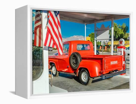 Red Dodge Pickup truck parked in front of vintage gas station in Santa Paula, California-null-Framed Premier Image Canvas