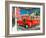 Red Dodge Pickup truck parked in front of vintage gas station in Santa Paula, California-null-Framed Photographic Print