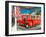 Red Dodge Pickup truck parked in front of vintage gas station in Santa Paula, California-null-Framed Photographic Print