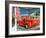 Red Dodge Pickup truck parked in front of vintage gas station in Santa Paula, California-null-Framed Photographic Print