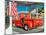 Red Dodge Pickup truck parked in front of vintage gas station in Santa Paula, California-null-Mounted Photographic Print