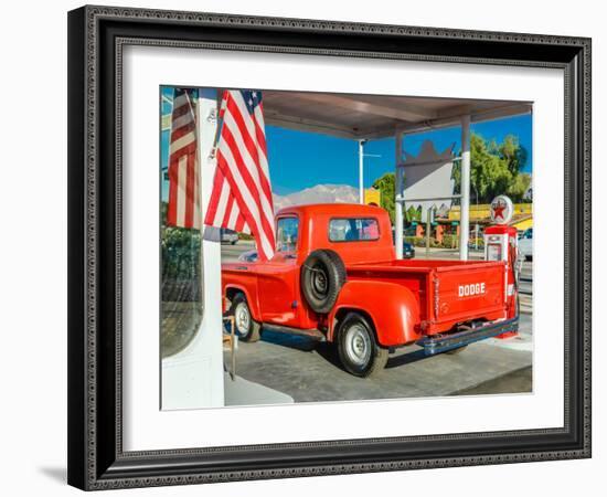 Red Dodge Pickup truck parked in front of vintage gas station in Santa Paula, California-null-Framed Photographic Print