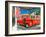 Red Dodge Pickup truck parked in front of vintage gas station in Santa Paula, California-null-Framed Photographic Print