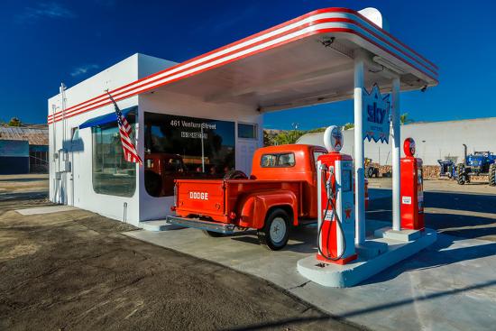 Red Dodge Pickup Truck Parked In Front Of Vintage Gas Station In Santa Paula California Photographic Print By Art Com
