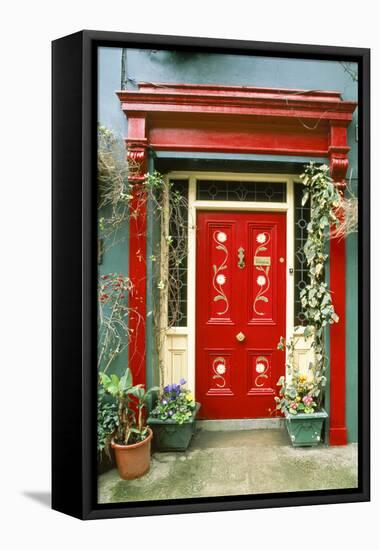 Red door with painted daisies, surrounded by flowers and vines.-Tom Haseltine-Framed Premier Image Canvas