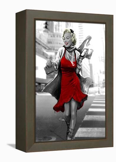 Red Dress in the City-JJ Brando-Framed Stretched Canvas