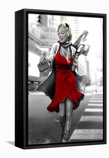 Red Dress in the City-JJ Brando-Framed Stretched Canvas