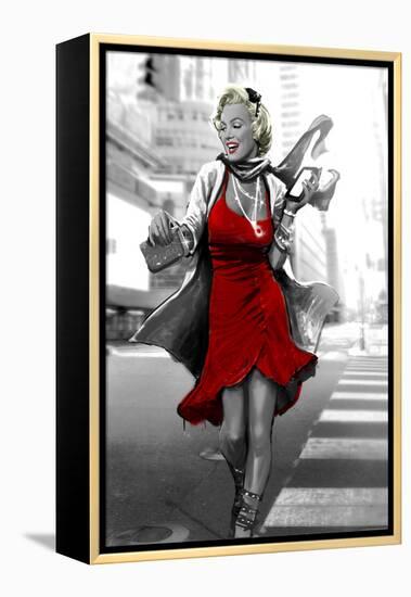 Red Dress in the City-JJ Brando-Framed Stretched Canvas