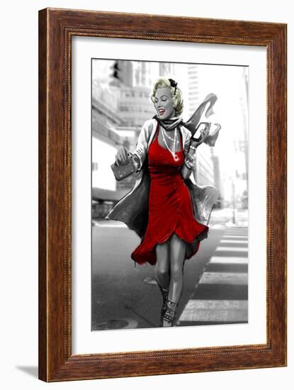 Red Dress in the City-JJ Brando-Framed Art Print