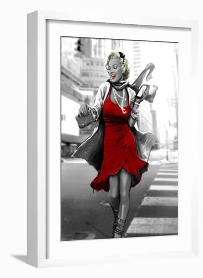 Red Dress in the City-JJ Brando-Framed Art Print