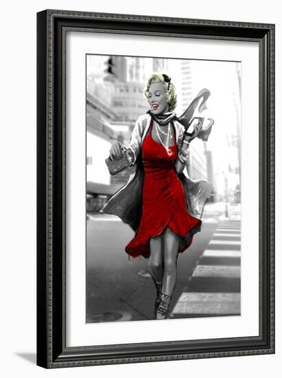 Red Dress in the City-JJ Brando-Framed Art Print