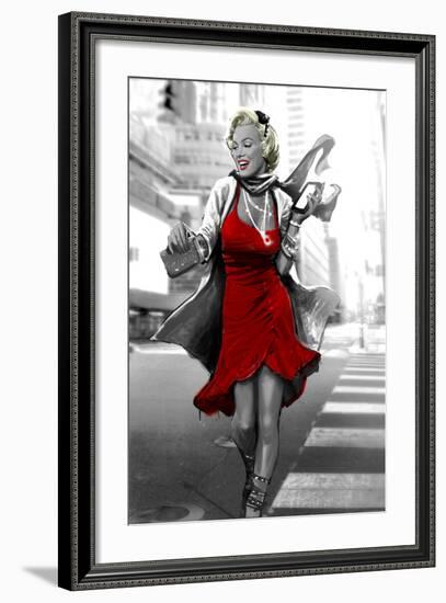 Red Dress in the City-JJ Brando-Framed Art Print