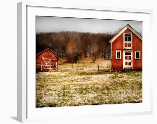 Red Farmhouse and Barn in Snowy Field-Robert Cattan-Framed Photographic Print