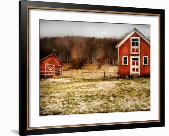 Red Farmhouse and Barn in Snowy Field-Robert Cattan-Framed Photographic Print