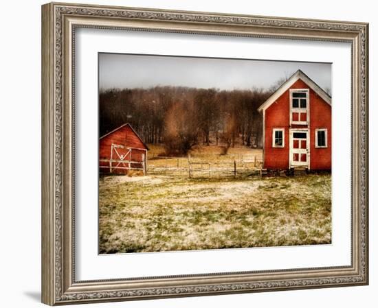 Red Farmhouse and Barn in Snowy Field-Robert Cattan-Framed Photographic Print