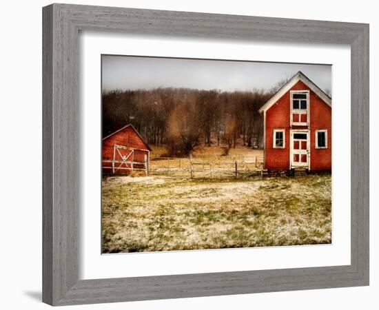 Red Farmhouse and Barn in Snowy Field-Robert Cattan-Framed Photographic Print