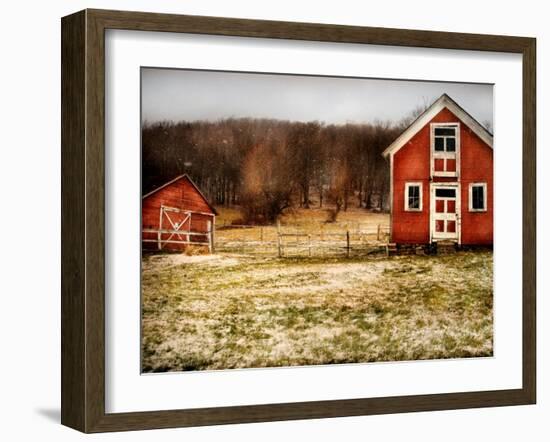 Red Farmhouse and Barn in Snowy Field-Robert Cattan-Framed Photographic Print