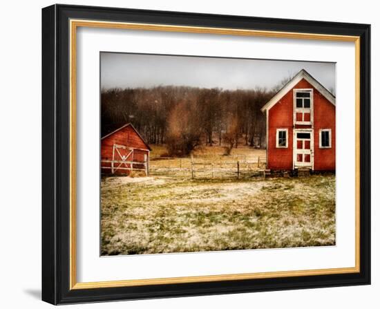 Red Farmhouse and Barn in Snowy Field-Robert Cattan-Framed Photographic Print