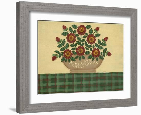 Red Flowers with Dark Green Tablecloth-Debbie McMaster-Framed Giclee Print