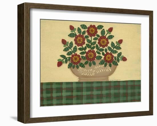 Red Flowers with Dark Green Tablecloth-Debbie McMaster-Framed Giclee Print