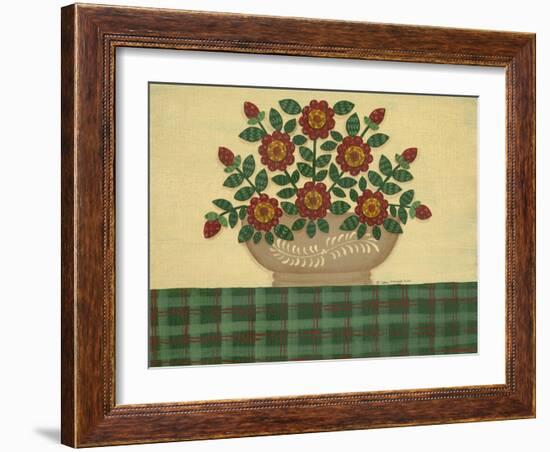 Red Flowers with Dark Green Tablecloth-Debbie McMaster-Framed Giclee Print