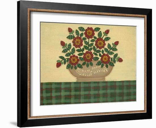 Red Flowers with Dark Green Tablecloth-Debbie McMaster-Framed Giclee Print