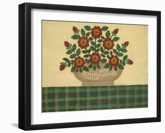 Red Flowers with Dark Green Tablecloth-Debbie McMaster-Framed Giclee Print