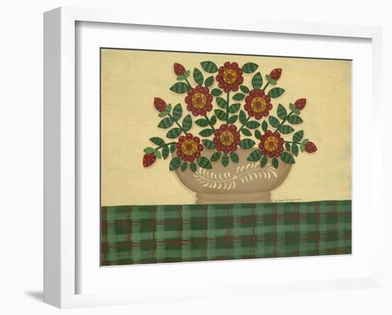 Red Flowers with Dark Green Tablecloth-Debbie McMaster-Framed Giclee Print