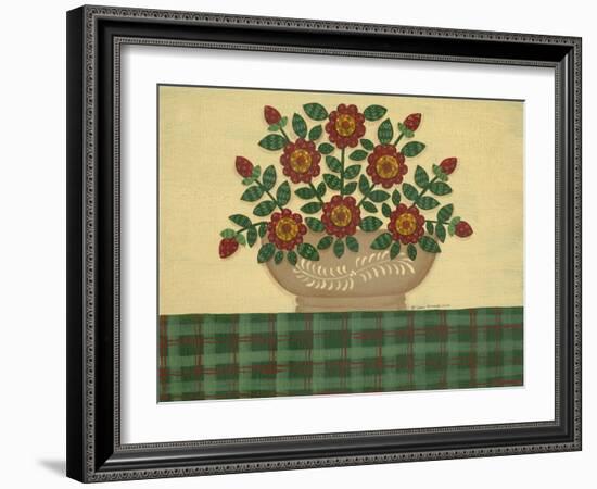 Red Flowers with Dark Green Tablecloth-Debbie McMaster-Framed Giclee Print