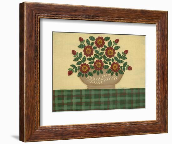 Red Flowers with Dark Green Tablecloth-Debbie McMaster-Framed Premium Giclee Print