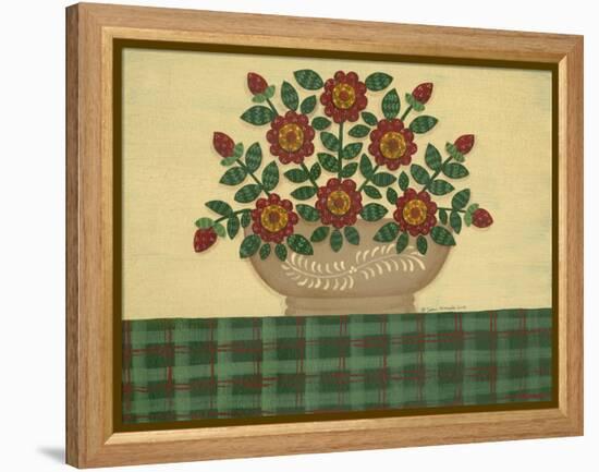 Red Flowers with Dark Green Tablecloth-Debbie McMaster-Framed Premier Image Canvas