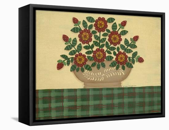 Red Flowers with Dark Green Tablecloth-Debbie McMaster-Framed Premier Image Canvas