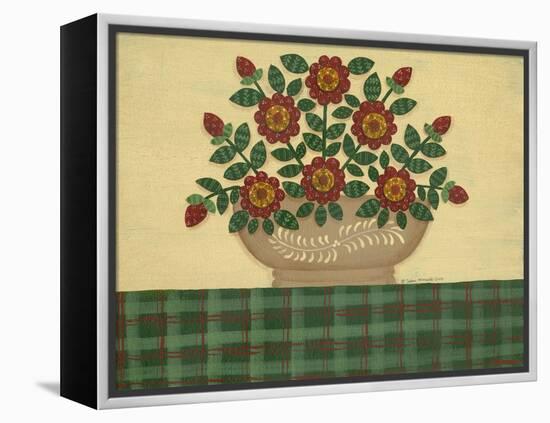 Red Flowers with Dark Green Tablecloth-Debbie McMaster-Framed Premier Image Canvas