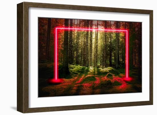 Red fluorescent neon laser lights in green magical forest landscape.-Björn Forenius-Framed Art Print