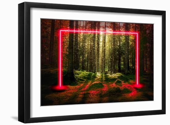 Red fluorescent neon laser lights in green magical forest landscape.-Björn Forenius-Framed Art Print