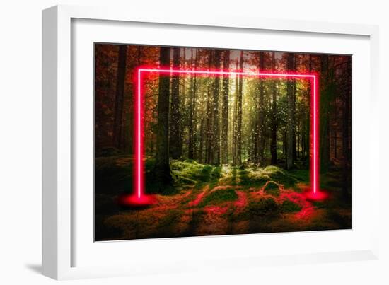 Red fluorescent neon laser lights in green magical forest landscape.-Björn Forenius-Framed Art Print