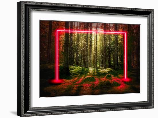 Red fluorescent neon laser lights in green magical forest landscape.-Björn Forenius-Framed Art Print