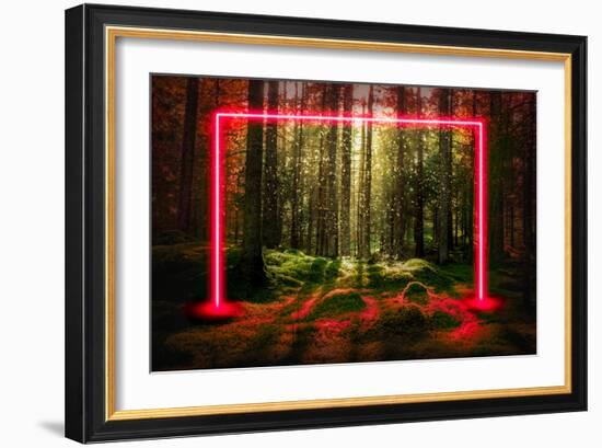 Red fluorescent neon laser lights in green magical forest landscape.-Björn Forenius-Framed Art Print