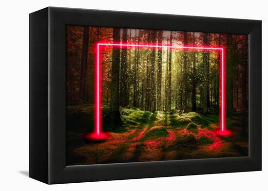 Red fluorescent neon laser lights in green magical forest landscape.-Björn Forenius-Framed Stretched Canvas