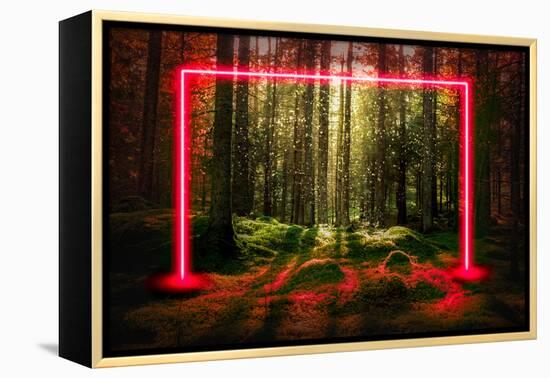 Red fluorescent neon laser lights in green magical forest landscape.-Björn Forenius-Framed Stretched Canvas