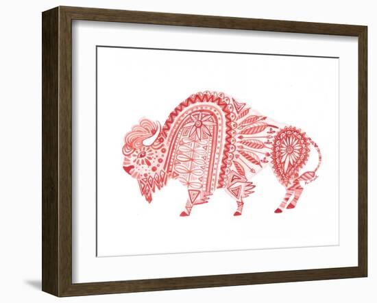 Red Folk Art Buffalo-Kerstin Stock-Framed Art Print