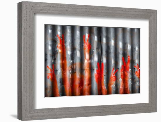 Red Hand Prints - Peace Signs-null-Framed Art Print