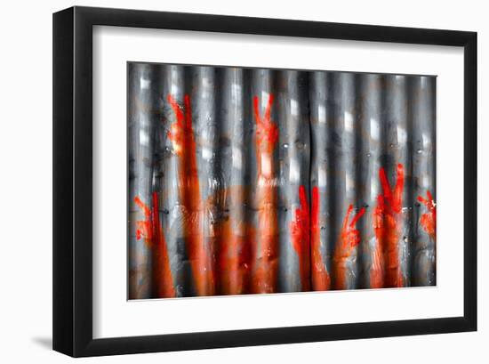 Red Hand Prints - Peace Signs-null-Framed Art Print