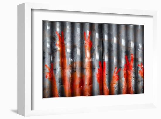 Red Hand Prints - Peace Signs-null-Framed Art Print