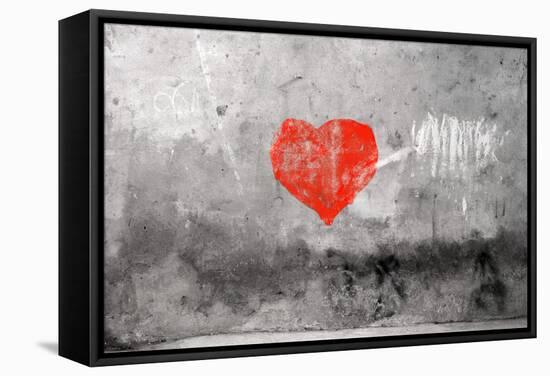 Red Heart Graffiti Over Grunge Cement Wall-Billyfoto-Framed Stretched Canvas