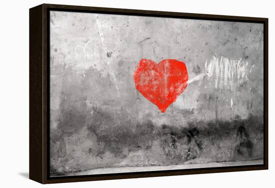 Red Heart Graffiti Over Grunge Cement Wall-Billyfoto-Framed Stretched Canvas